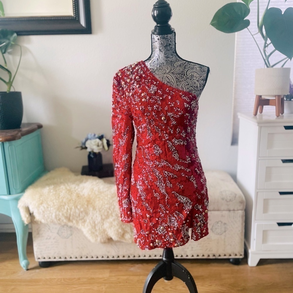 Dundas x Revolve Jett Sequin Embellished One-Shoulder Mini Dress in Red, Small - Picture 5 of 17